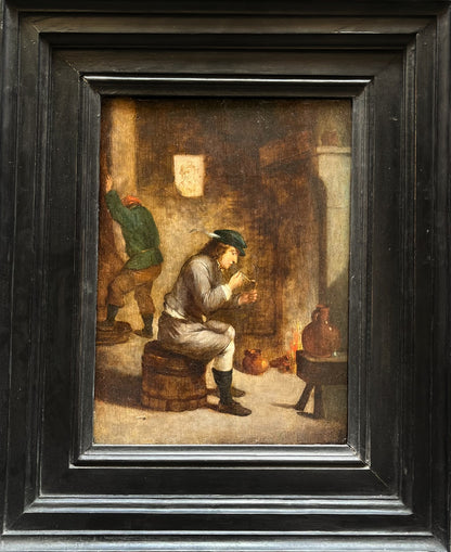 Circle of David Teniers the Younger - Man Smoking on a Barrel, oil on oak panel, 17th century - Darnley Fine Art