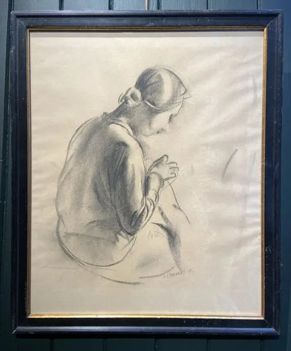 James Stroudley - Mending, graphite on paper, 20th century - Darnley Fine Art