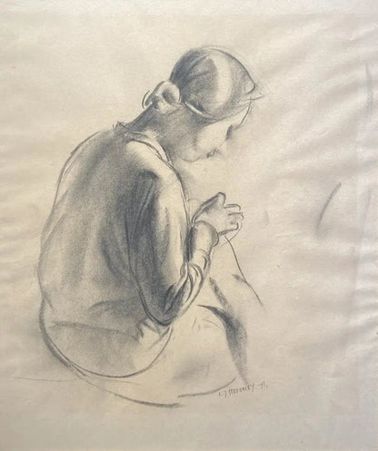 James Stroudley - Mending, graphite on paper, 20th century - Darnley Fine Art