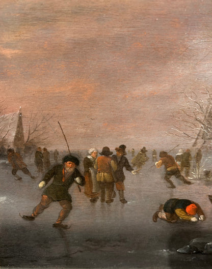Nicolaes Klaes Molenaer - Winter Landscape with Ice Skaters, oil on oak panel, 17th century - Darnley Fine Art