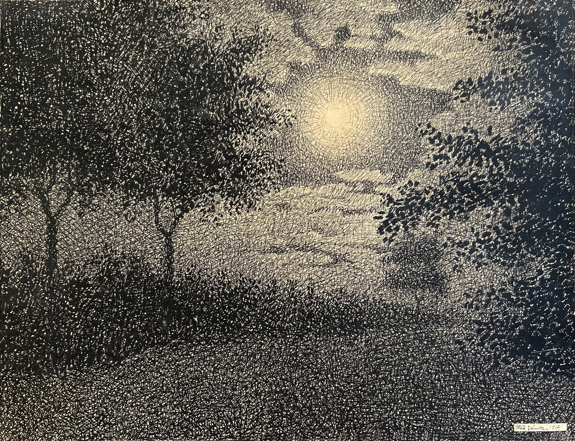 European School - Moonlit Landscape, pen, brush and India ink on paper, early 20th century - Darnley Fine Art