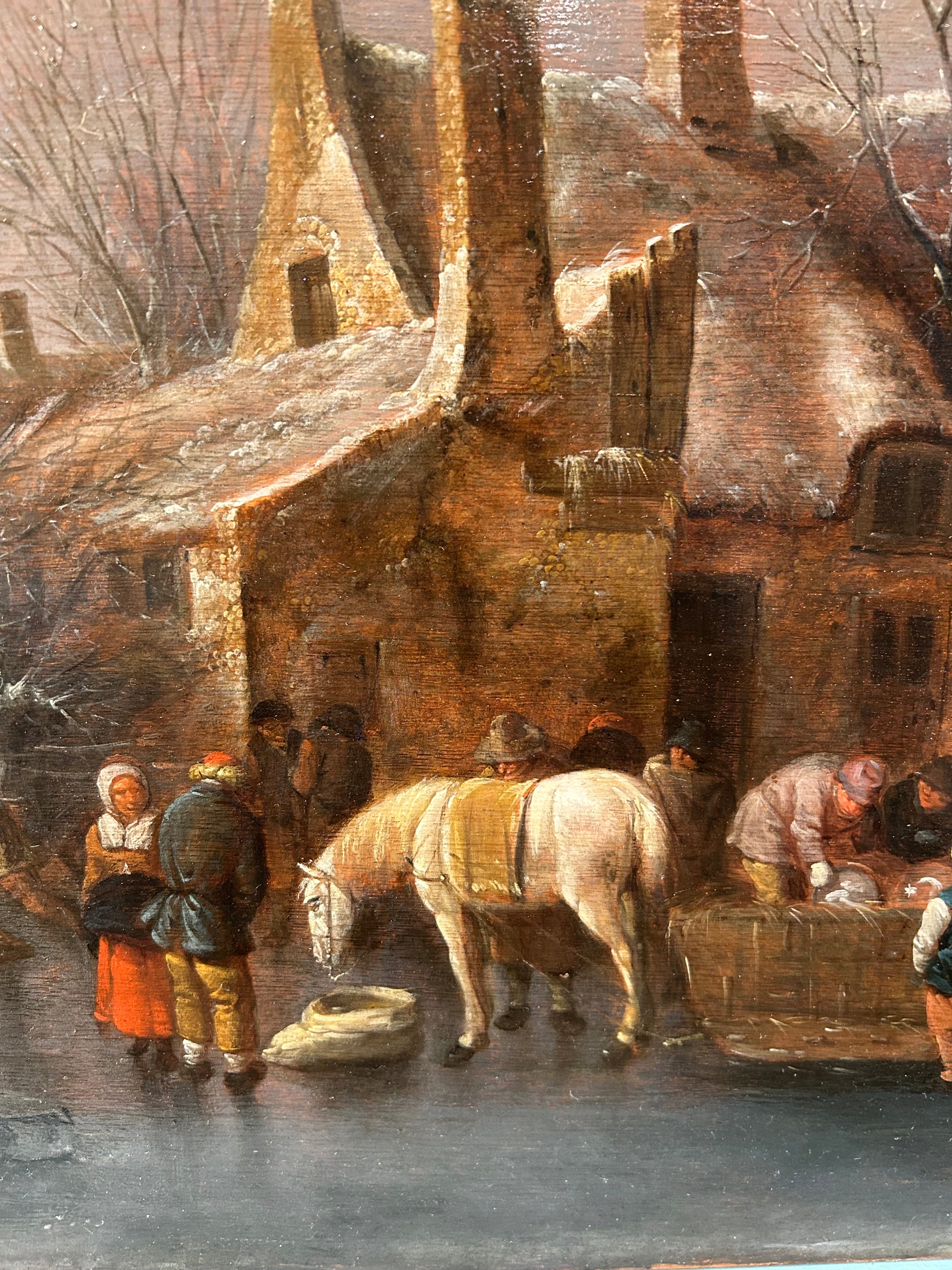 Nicolaes Klaes Molenaer - Winter Landscape with Ice Skaters, oil on oak panel, 17th century - Darnley Fine Art