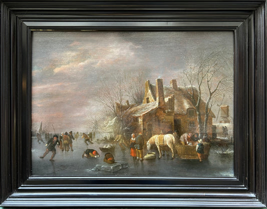 Nicolaes Klaes Molenaer - Winter Landscape with Ice Skaters, oil on oak panel, 17th century - Darnley Fine Art