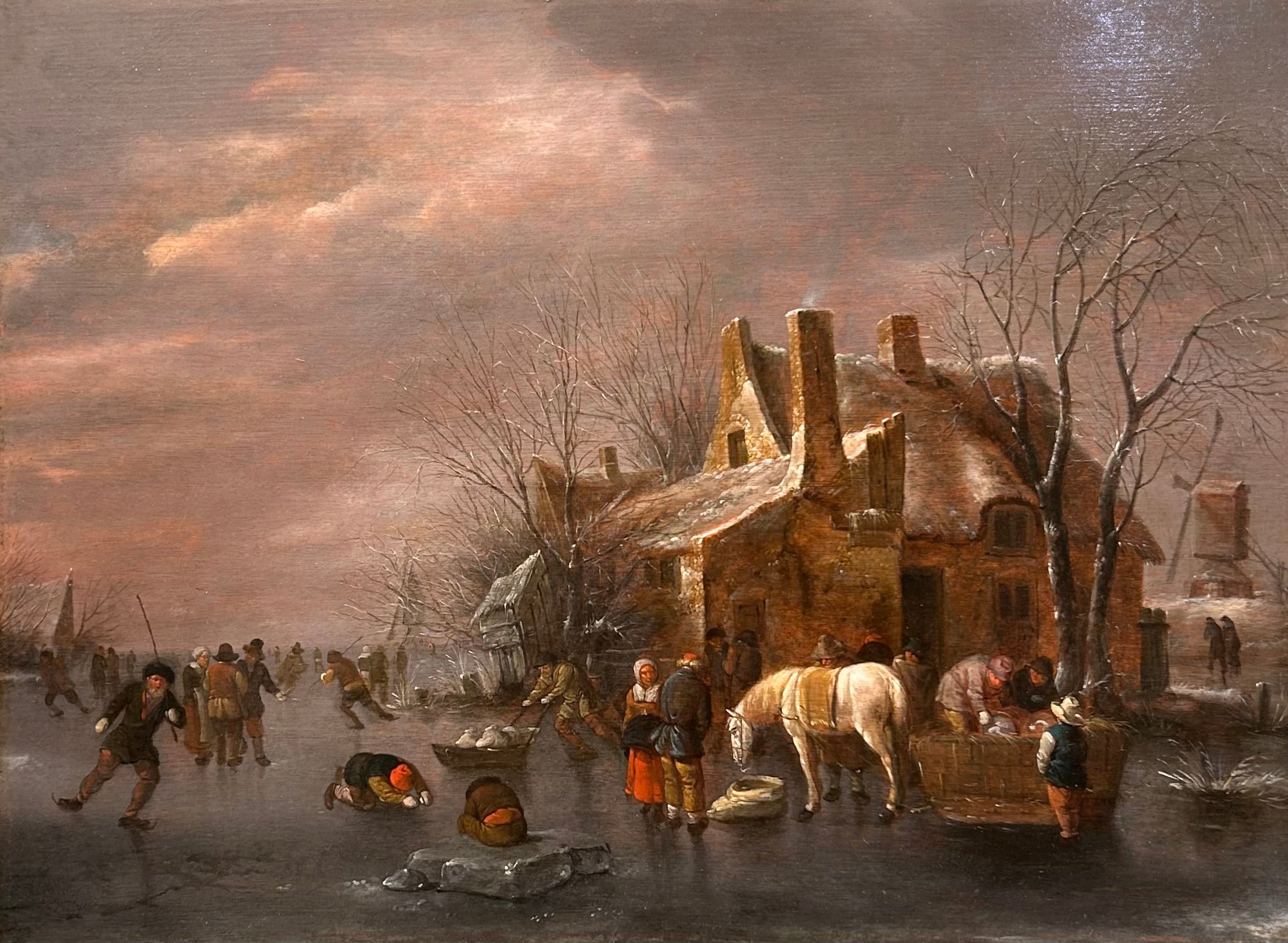 Nicolaes Klaes Molenaer - Winter Landscape with Ice Skaters, oil on oak panel, 17th century - Darnley Fine Art