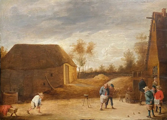 Studio of David Teniers - Peasants Playing Bowls Outside an Inn, oil on oak cradled panel, 17th century - Darnley Fine Art