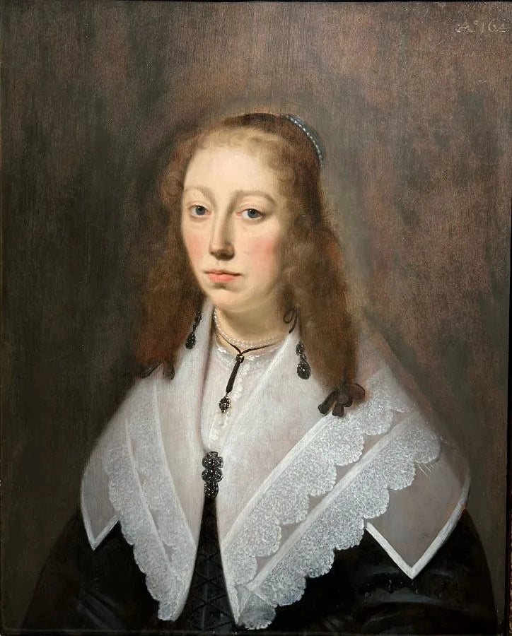 Matthijs Harings - Portrait of a Woman in a Lace Collar, oil on panel, 17th century - Darnley Fine Art