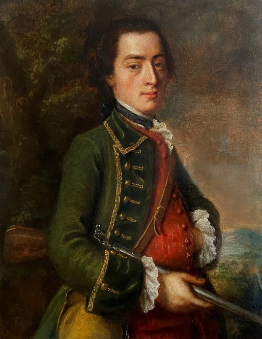 English School - Portrait of a Man with a Rifle, oil on layered paper, late 18th century - Darnley Fine Art