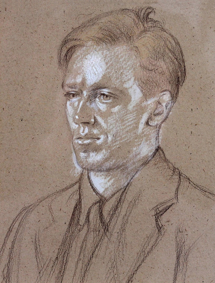William Rothenstein - Portrait of Cecil Day Lewis, black and white chalk on paper, 20th century - Darnley Fine Art