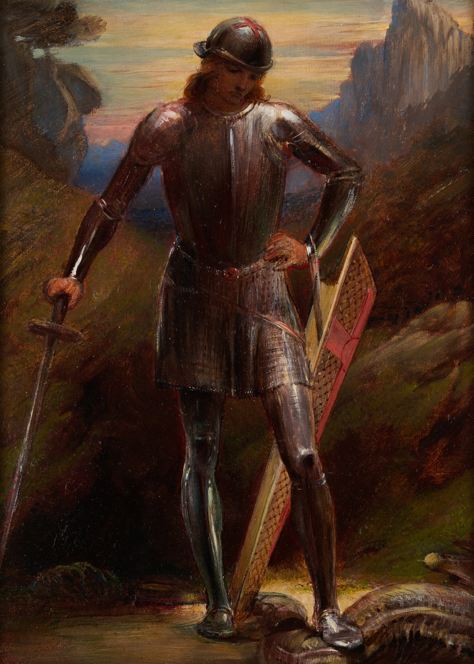 George Richmond - The Red Cross Knight Slaying the Dragon, oil on paper, 19th century - Darnley Fine Art