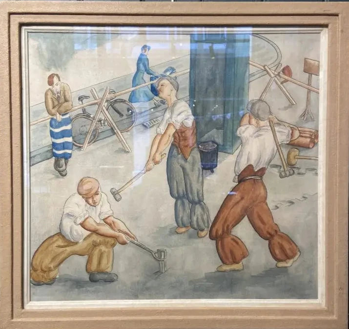 English School - Roadworkers, ink and watercolour on paper, early 20th century - Darnley Fine Art