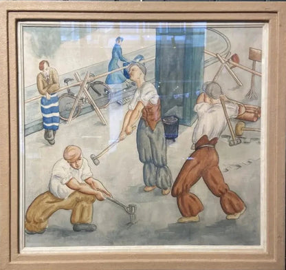 English School - Roadworkers, ink and watercolour on paper, early 20th century - Darnley Fine Art