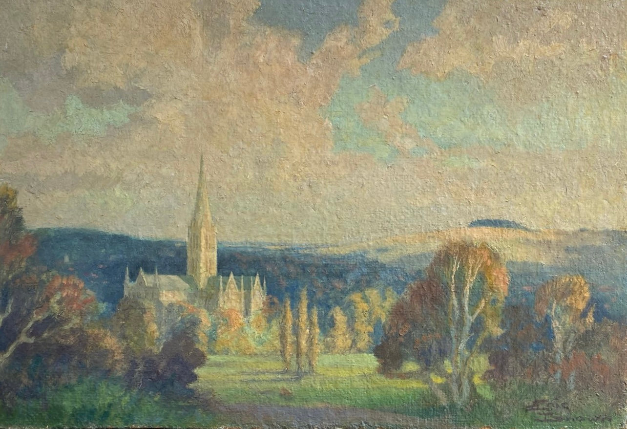Eric Brown - Salisbury Cathedral, oil on board, 20th century - Darnley Fine Art