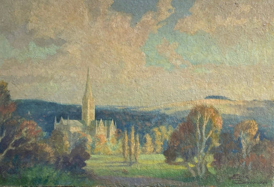 Eric Brown - Salisbury Cathedral, oil on board, 20th century - Darnley Fine Art