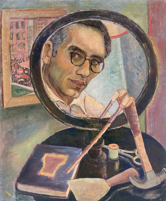 Joseph Biel - Self Portrait in a Mirror with Artist's Tools, oil on canvas, 20th century - Darnley Fine Art