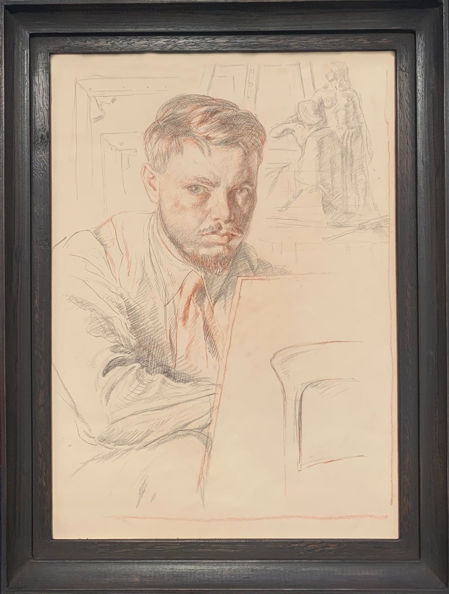 English School - Self Portrait, pencil and sepia chalk on paper, 1950s - Darnley Fine Art