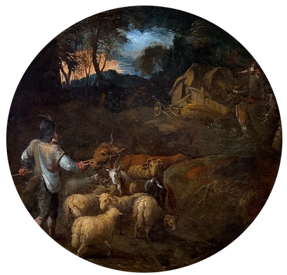 Circle of Roelant Savery - Shepherd with his Herd at Dusk, oil on oak panel, late 16th/early 17th century - Darnley Fine Art