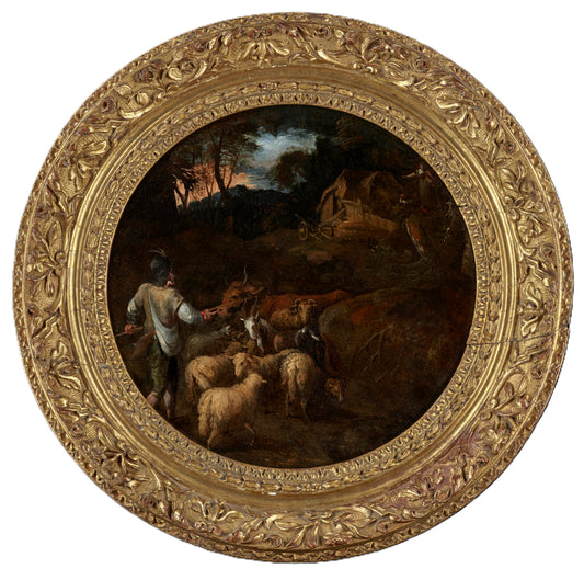 Circle of Roelant Savery - Shepherd with his Herd at Dusk, oil on oak panel, late 16th/early 17th century - Darnley Fine Art