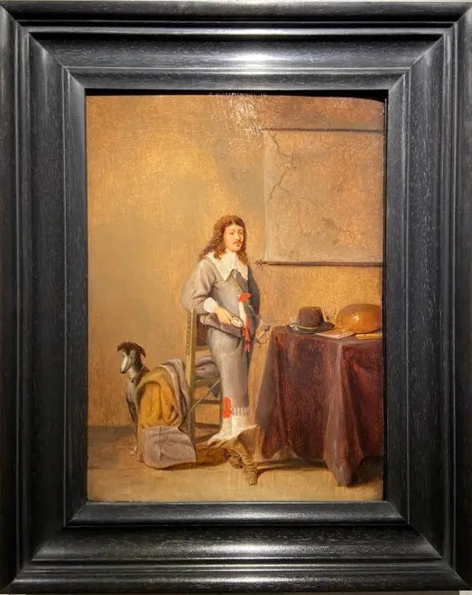 Pieter Symonsz Potter - Soldier in an Interior, oil on oak panel, 17th century - Darnley Fine Art