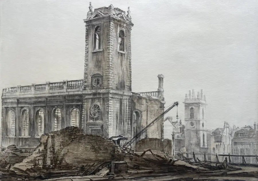 Dennis Flanders - St Nicholas Cole Abbey and St Mary Somerset Church, London, graphite and watercolour on paper, 20th century - Darnley Fine Art