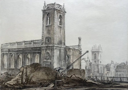 Dennis Flanders - St Nicholas Cole Abbey and St Mary Somerset Church, London, graphite and watercolour on paper, 20th century - Darnley Fine Art