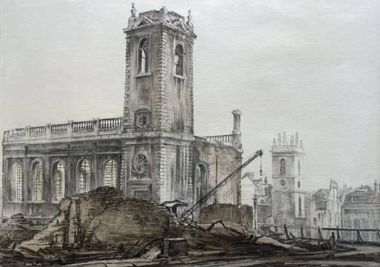 Dennis Flanders - St Nicholas Cole Abbey and St Mary Somerset Church, London, graphite and watercolour on paper, 20th century - Darnley Fine Art