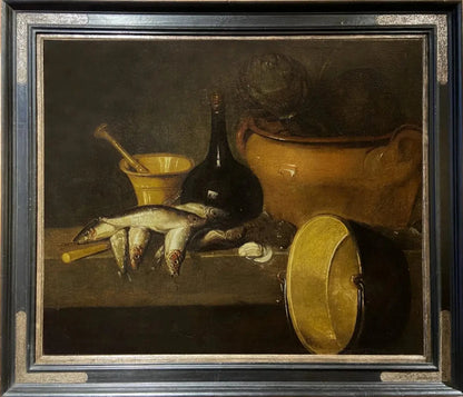 Spanish School - Still Life with Fish and Copper Pot, oil on canvas, late 18th century - Darnley Fine Art