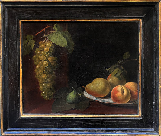 Attributed to Gillis van Hulsdonck - Still Life with Fruit and Delft Plate, oil on canvas, 17th century - Darnley Fine Art
