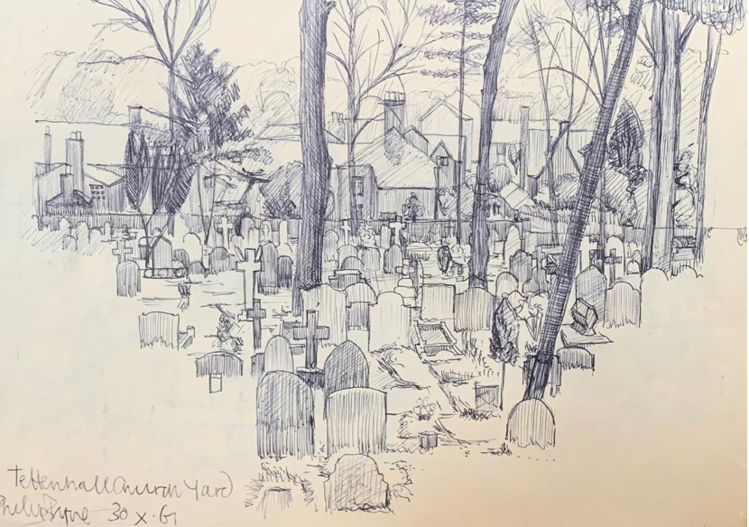Phillip Byrne - Tettenhall Churchyard, ink on paper, 20th century - Darnley Fine Art