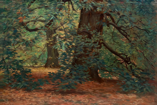 English School - The Beech Trees, oil on board, 20th century - Darnley Fine Art