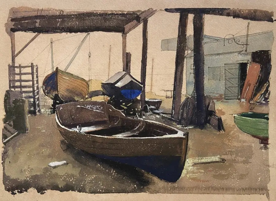 William Dring - The Boat Yard, watercolour and graphite on paper, 20th century - Darnley Fine Art
