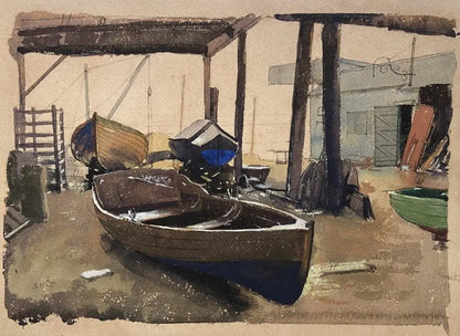 William Dring - The Boat Yard, watercolour and graphite on paper, 20th century - Darnley Fine Art