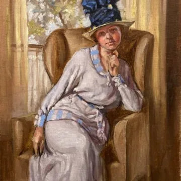 English School - The New Hat, oil on canvas on board, early 20th century - Darnley Fine Art