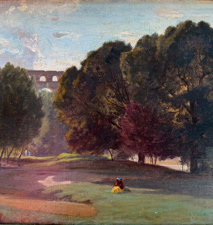 Etienne Duval - The Valley of the River Gardon, near Nimes, with the Pont du Gard in the distance, oil on board, 19th century - Darnley Fine Art