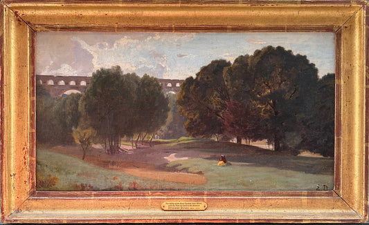 Etienne Duval - The Valley of the River Gardon, near Nimes, with the Pont du Gard in the distance, oil on board, 19th century - Darnley Fine Art