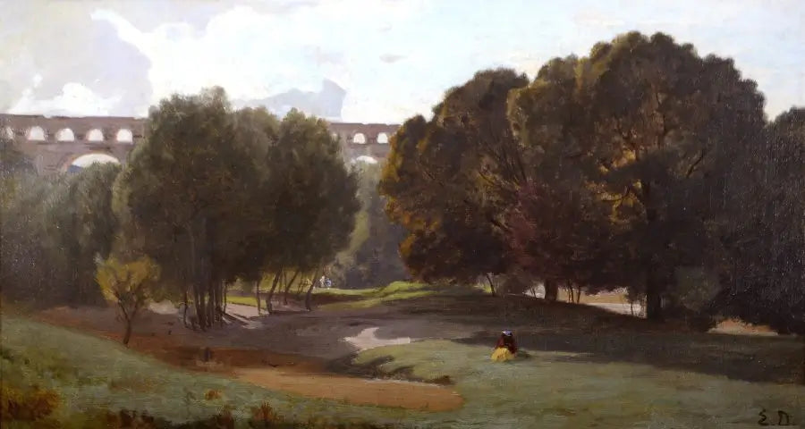 Etienne Duval - The Valley of the River Gardon, near Nimes, with the Pont du Gard in the distance, oil on board, 19th century - Darnley Fine Art