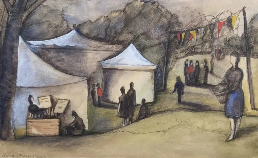 Anna Katrina Zinkeisen - The Village Fete, watercolour, ink and graphite on paper, 20th century - Darnley Fine Art