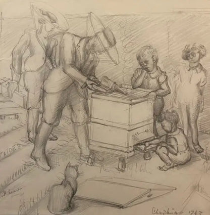 Alice Headley Neave - The Beekepers, graphite on paper, 20th century - Darnley Fine Art