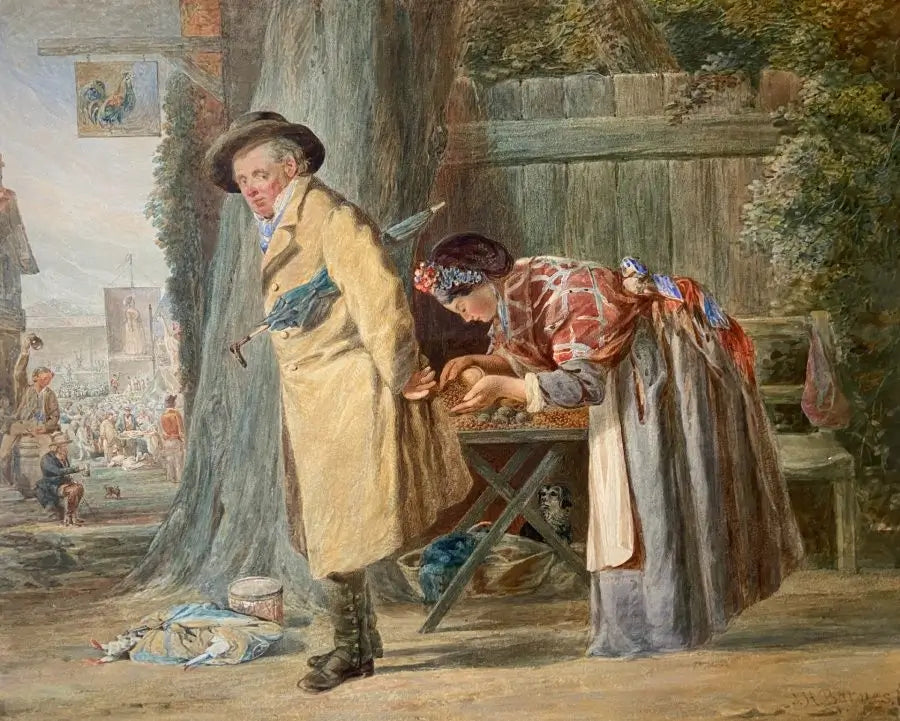 Joseph H Barnes - The Chestnut Seller, brown ink and watercolour heightened with white, 19th century - Darnley Fine Art