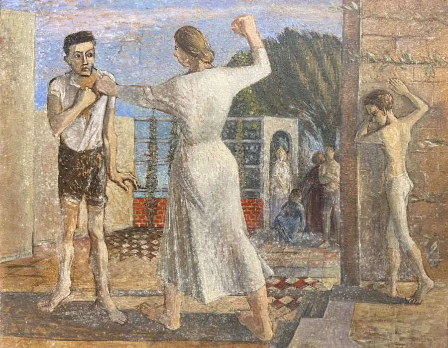 European School - The Disturbance, watercolour and pastel on board, 20th century - Darnley Fine Art