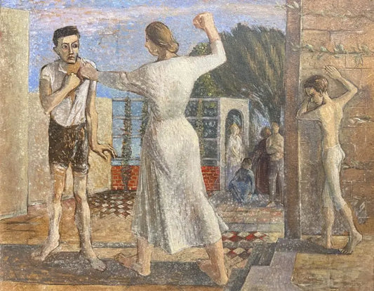 European School - The Disturbance, watercolour and pastel on board, 20th century - Darnley Fine Art
