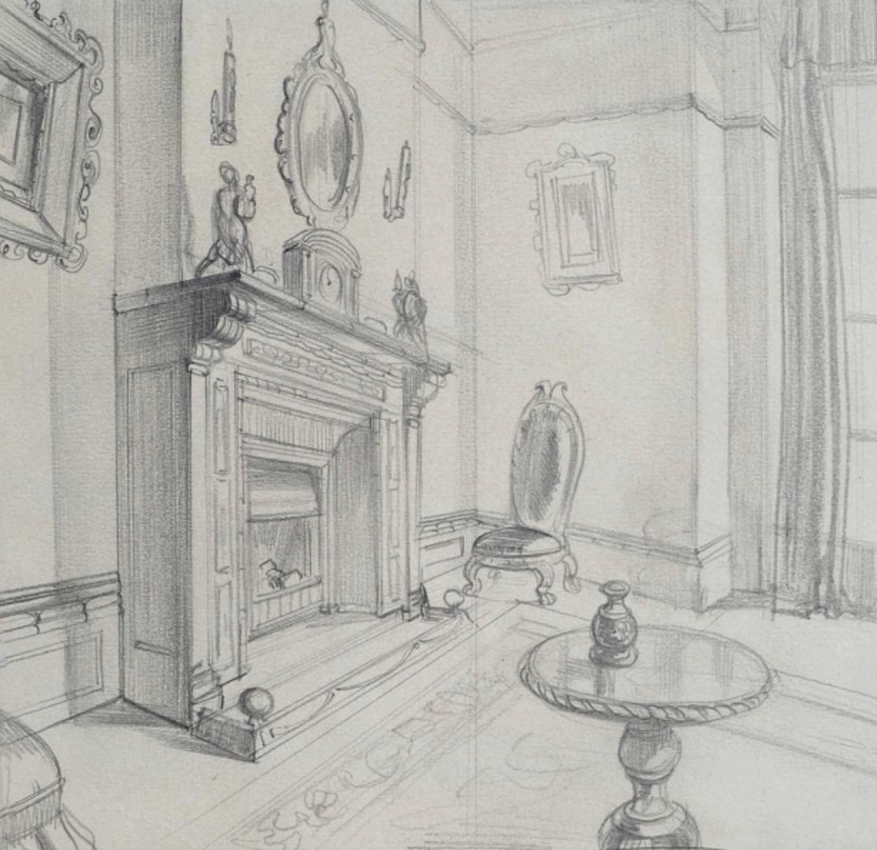Gordon Noel Scott - The Drawing Room, pencil on paper, 20th century - Darnley Fine Art