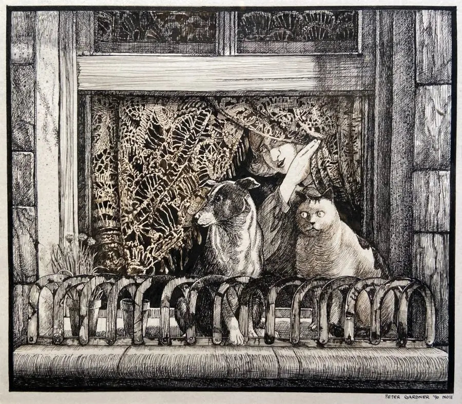 Peter Gardner - The Watchers, pen and ink on paper, late 20th century - Darnley Fine Art