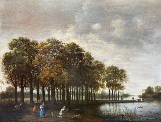 Joris Abrahamsz van der Haagen - Heron Shoot in a Landscape, oil on oak panel, 17th century - Darnley Fine Art