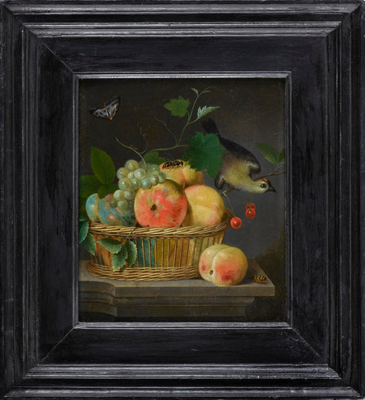 Attributed to Gaspar Peeter Verbruggen - Still Life of Fruit in a Wicker Basket with Bird, oil on oak panel, 17th century - Darnley Fine Art