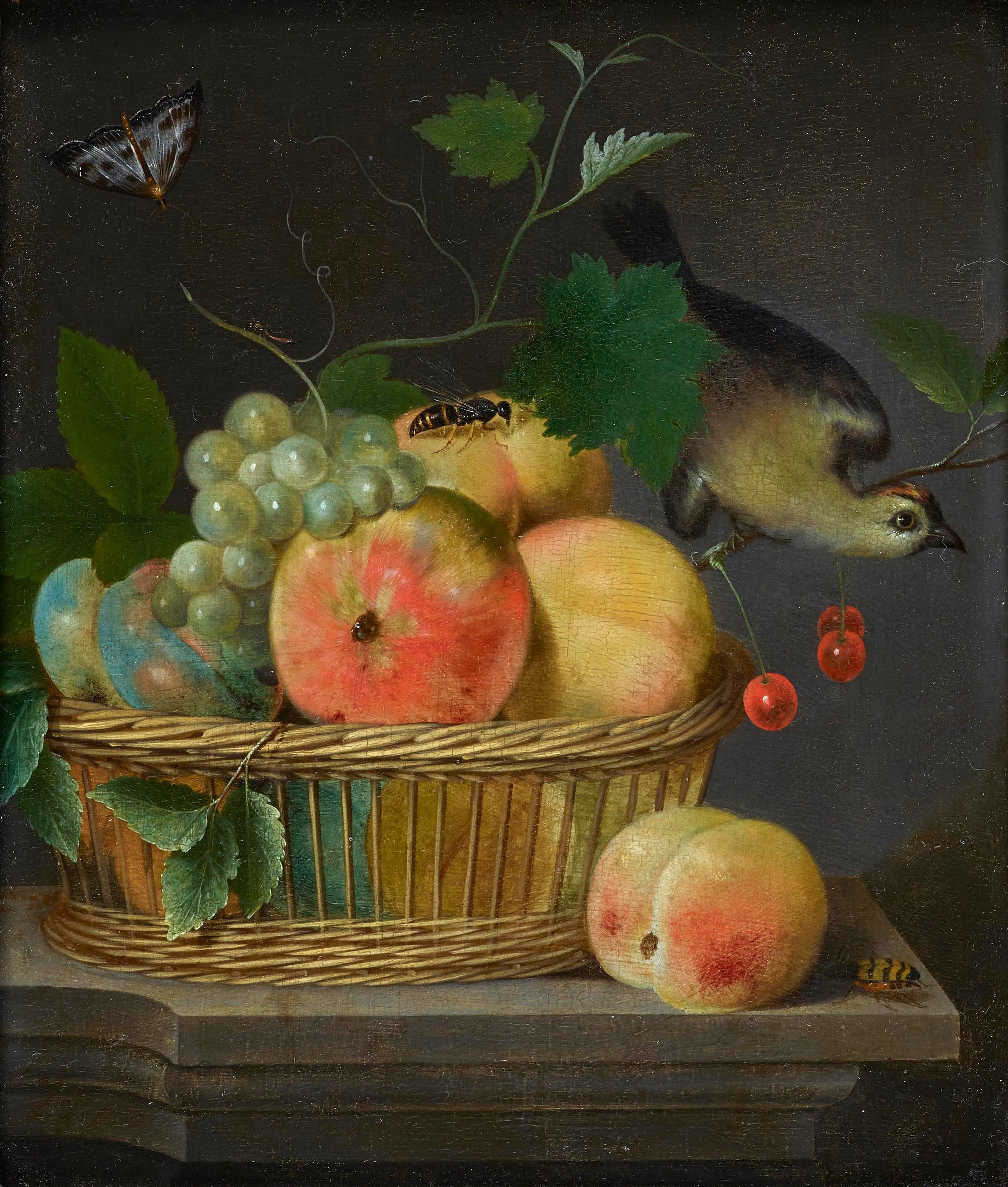 Still Life of Fruit in a Wicker Basket with Bird