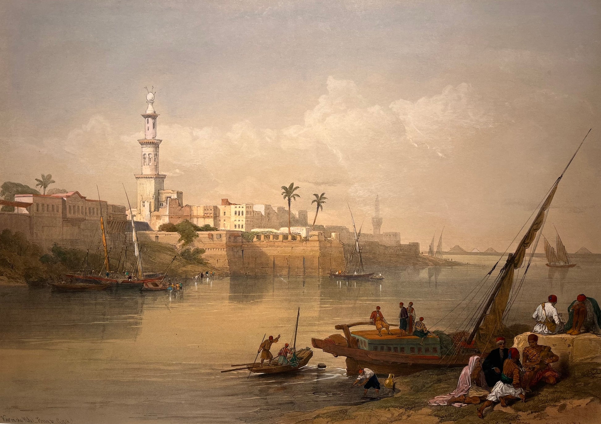 David Roberts - View of the Nile, Isle of Rhoda, and the Ferry of Geezah, lithograph, 19th century - Darnley Fine Art