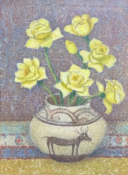 Emma Fordyce MacRae - Yellow Roses in Hopi Pot, oil on board, 20th century - Darnley Fine Art